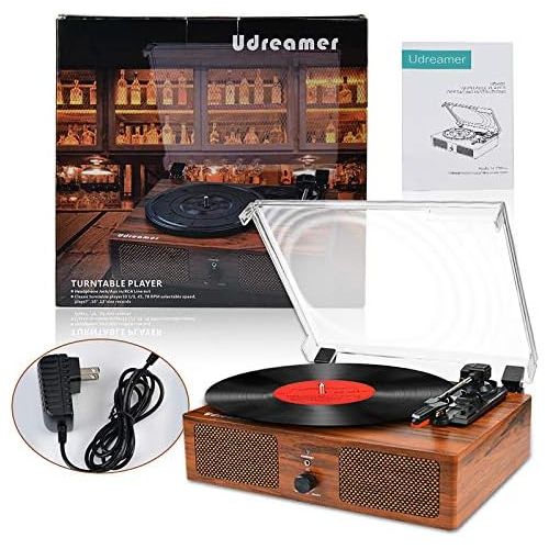  Udreamer Vinyl Record Player Wireless Turntable with Built-in Speakers and USB Belt-Driven Vintage Phonograph Record Player 3 Speed for Entertainment and Home Decoration