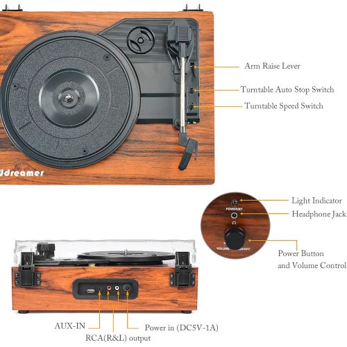  Udreamer Vinyl Record Player Wireless Turntable with Built-in Speakers and USB Belt-Driven Vintage Phonograph Record Player 3 Speed for Entertainment and Home Decoration