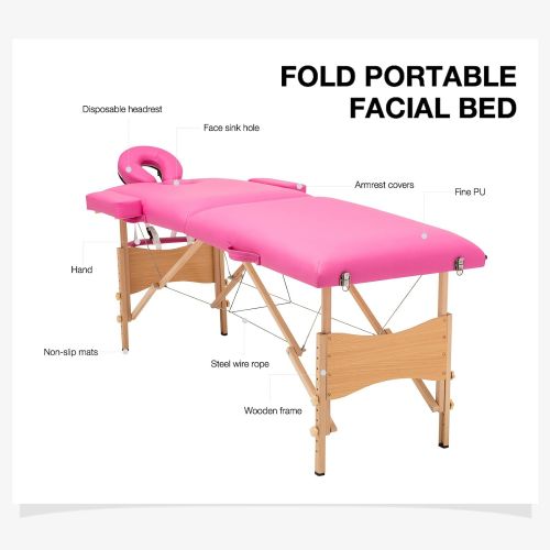  Uenjoy Folding Massage Table 84 Professional Massage Bed 2 Fold Lash Bed with Head-& Armrest, Pink