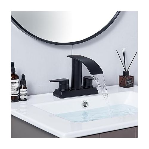 Matte Black Bathroom Faucet, Black Bathroom Faucet 3 Hole 4 Inch Centerset Bathroom Sink Faucet Waterfall 2 Handles Lavatory Mixer Tap with Deck Mount Plate