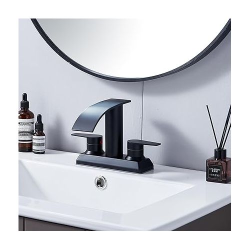  Matte Black Bathroom Faucet, Black Bathroom Faucet 3 Hole 4 Inch Centerset Bathroom Sink Faucet Waterfall 2 Handles Lavatory Mixer Tap with Deck Mount Plate