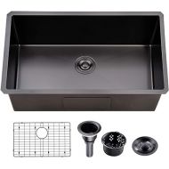 32 Inch Nano Black Undermount Kitchen Sink, Zero Radius 16-Gauge Stainless Steel Commercial Single Bowl Wet Bar Prep Sink with Drainer and Bottom Grid