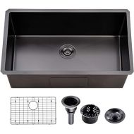 32 Inch Nano Black Undermount Kitchen Sink Stainless Steel Deep Single Bowl, 16-Gauge 32”x19” In Gunmetal Black Rv Sink Commercial Wet Bar Prep Sink Large Kitchen Sinks with Drainer and Bottom Grid