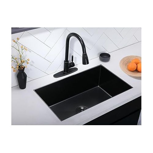  32 Inch Nano Black Undermount Kitchen Sink Stainless Steel Deep Single Bowl, 16-Gauge 32”x19” In Gunmetal Black Rv Sink Commercial Wet Bar Prep Sink Large Kitchen Sinks with Drainer and Bottom Grid