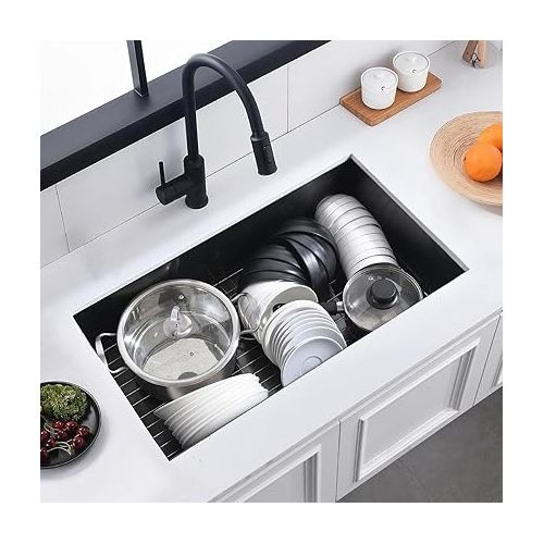  32 Inch Nano Black Undermount Kitchen Sink Stainless Steel Deep Single Bowl, 16-Gauge 32”x19” In Gunmetal Black Rv Sink Commercial Wet Bar Prep Sink Large Kitchen Sinks with Drainer and Bottom Grid