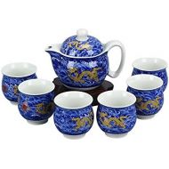 Ufengke 7 Stueck Blau Chinesisches Kung Fu Tee Set, Gelber Drache Muster Weinlese Blaues Und Weisses Porzellan Teeservice, Geschenk Fuer Tee Liebhaber Und Haushalts Buero