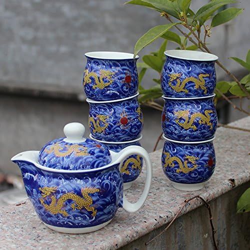  Ufengke 7 Stueck Blau Chinesisches Kung Fu Tee Set, Gelber Drache Muster Weinlese Blaues Und Weisses Porzellan Teeservice, Geschenk Fuer Tee Liebhaber Und Haushalts Buero