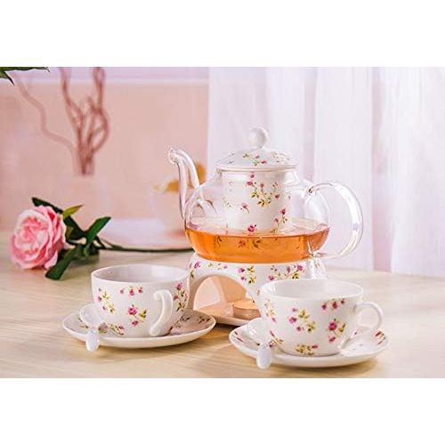  Ufengke-ts 6 Stueck Europaischen Modern Florales Tee Set, Beheizte Glas Teekanne, Bone China Tee Set Service Kaffee Set, Fuer Geschenk Und Haushalt, Hochzeit