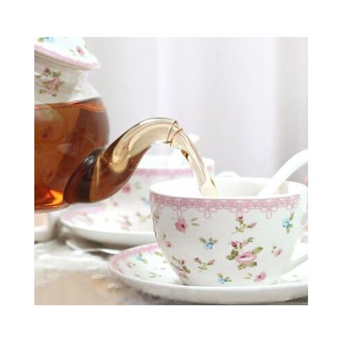  Ufengke-ts 6 Stueck Europaischen Modern Florales Tee Set, Beheizte Glas Teekanne, Bone China Tee Set Service Kaffee Set, Fuer Geschenk Und Haushalt, Hochzeit