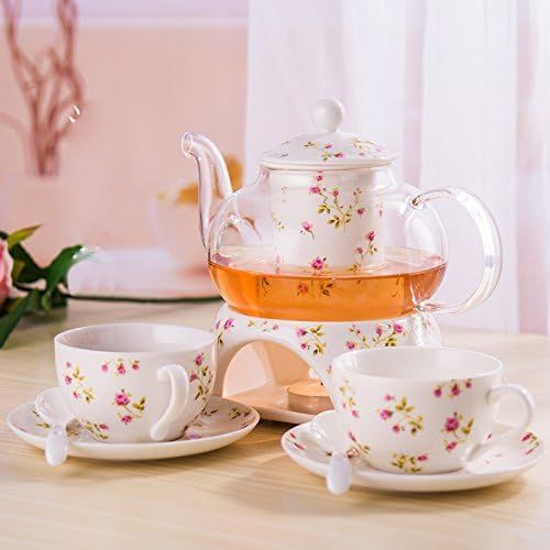  Ufengke-ts 6 Stueck Europaischen Modern Florales Tee Set, Beheizte Glas Teekanne, Bone China Tee Set Service Kaffee Set, Fuer Geschenk Und Haushalt, Hochzeit