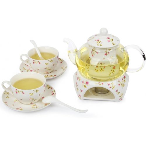  Ufengke-ts 6 Stueck Europaischen Modern Florales Tee Set, Beheizte Glas Teekanne, Bone China Tee Set Service Kaffee Set, Fuer Geschenk Und Haushalt, Hochzeit