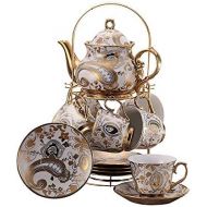 [아마존베스트]Ufengke-ts 13 Stueck Europaischen Titan Gold Tee Set Mit Metall Stander, Vintage Keramik Teeservice Service Kaffee Set, Metall Textur Goldene Blumen, Fuer Geschenk Und Haushalt