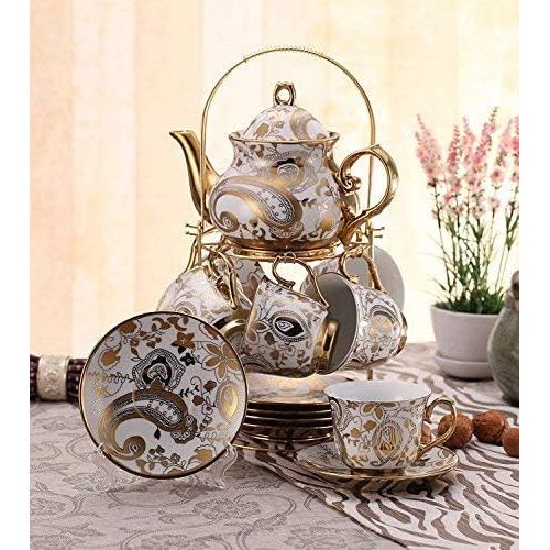  Ufengke-ts 13 Stueck Europaischen Titan Gold Tee Set Mit Metall Stander, Vintage Keramik Teeservice Service Kaffee Set, Metall Textur Goldene Blumen, Fuer Geschenk Und Haushalt