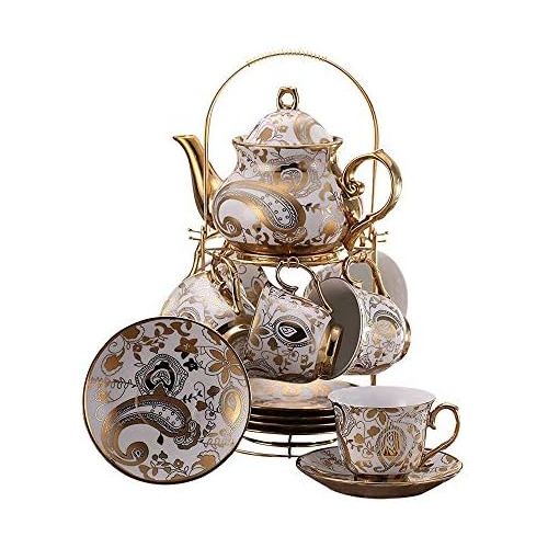  Ufengke-ts 13 Stueck Europaischen Titan Gold Tee Set Mit Metall Stander, Vintage Keramik Teeservice Service Kaffee Set, Metall Textur Goldene Blumen, Fuer Geschenk Und Haushalt