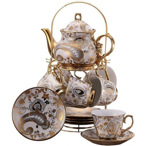  Ufengke-ts 13 Stueck Europaischen Titan Gold Tee Set Mit Metall Stander, Vintage Keramik Teeservice Service Kaffee Set, Metall Textur Goldene Blumen, Fuer Geschenk Und Haushalt