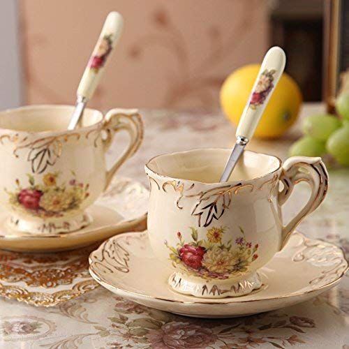  Ufengke-ts 4 Stueck Europaisches Koenigliches Elfenbein Porzellan Tee Set, Roter Und Weiss Rosen Druck Weinlese Service Kaffee Set Mit Metall Stander, Fuer Hochzeit Und Haushalt