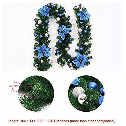  Uheng 9Ft Christmas Garland Tree Decorations with Bristle, Balls, Flowers, Green Wreath Xmas Hanging Ornaments Decor for Fireplace Mantel Stairs Wall Front Door Room
