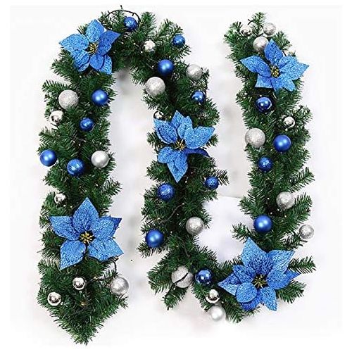  Uheng 9Ft Christmas Garland Tree Decorations with Bristle, Balls, Flowers, Green Wreath Xmas Hanging Ornaments Decor for Fireplace Mantel Stairs Wall Front Door Room