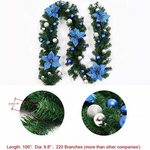  Uheng 9Ft Christmas Garland Tree Decorations with Bristle, Balls, Flowers, Green Wreath Xmas Hanging Ornaments Decor for Fireplace Mantel Stairs Wall Front Door Room