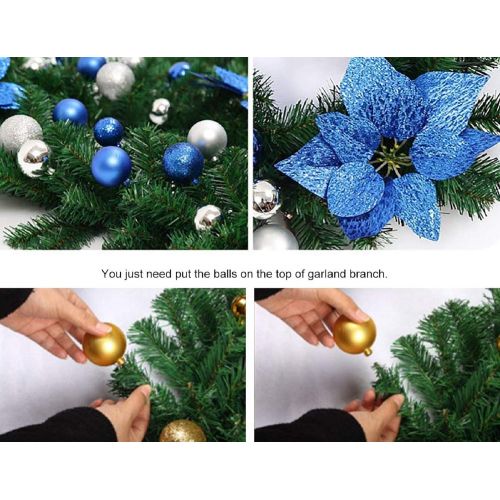  Uheng 9Ft Christmas Garland Tree Decorations with Bristle, Balls, Flowers, Green Wreath Xmas Hanging Ornaments Decor for Fireplace Mantel Stairs Wall Front Door Room