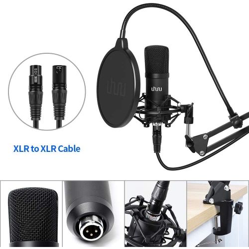  XLR Condenser Microphone, UHURU Professional Studio Cardioid Microphone Kit with Boom Arm, Shock Mount, Pop Filter, Windscreen and XLR Cable, for Broadcasting,Recording,Chatting an