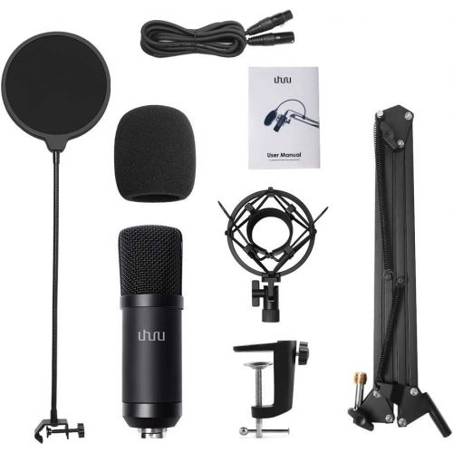  XLR Condenser Microphone, UHURU Professional Studio Cardioid Microphone Kit with Boom Arm, Shock Mount, Pop Filter, Windscreen and XLR Cable, for Broadcasting,Recording,Chatting an