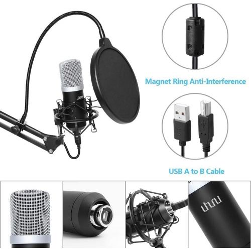  USB Podcast Condenser Microphone 192kHZ/24bit, UHURU Professional PC Streaming Cardioid Microphone Kit with Boom Arm, Shock Mount, Pop Filter and Windscreen, for Broadcasting, Reco