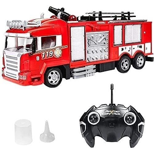  UimimiU 2.4Ghz RC Remote Control Water Spray Toy Car, Large Fire Engine Vehicle Model, Fire Truck with Disassembled Ladder Light and Music, Kids Birthday Gift Electric Water Truck