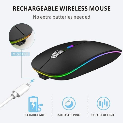  [아마존베스트]LED Wireless Mouse, Uiosmuph G12 Slim Rechargeable Wireless Silent Mouse, 2.4G Portable USB Optical Wireless Computer Mice with USB Receiver and Type C Adapter (Matte Black)