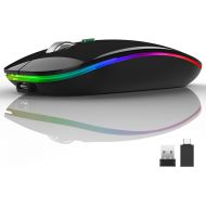 [아마존베스트]LED Wireless Mouse, Uiosmuph G12 Slim Rechargeable Wireless Silent Mouse, 2.4G Portable USB Optical Wireless Computer Mice with USB Receiver and Type C Adapter (Black)