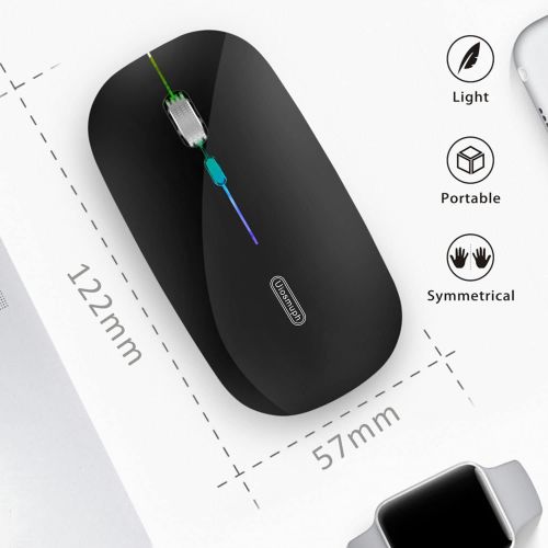  [아마존베스트]LED Wireless Mouse, Uiosmuph G12 Slim Rechargeable Wireless Silent Mouse, 2.4G Portable USB Optical Wireless Computer Mice with USB Receiver and Type C Adapter (Black)