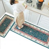 Ukeler Kitchen Rug Set Bohemian Jacquard Non-Slip Kitchen Mat and Rug Decorative Comfortable Runner Rug Set for Kitchen and Bathroom, Machine Washable (19.6×31.5 + 17.7×47.2, Blue)