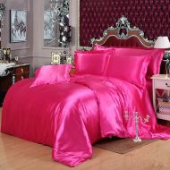 Ukeler 4-piece Rose Red Satin Silky Bedding Set Queen Duvet Cover Sets for Girls