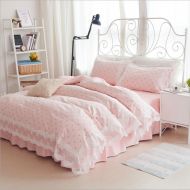 Ukeler Pink Polka Dot Lace Bedding Korean Princess Fairy Bed Skirt Duvet Cover Set for Girls, Queen Size