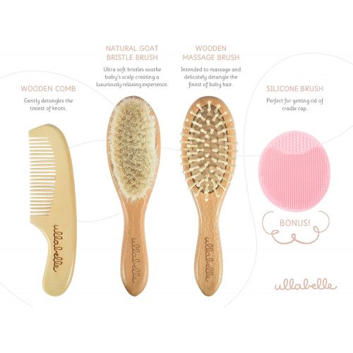  [아마존베스트]Ullabelle 4 Piece Wooden Baby Hair Brush and Comb Set for Newborns & Toddlers in Chic Gift Box - Ultra...