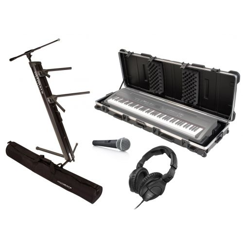  Ultimate Support AX-48 Pro Plus Two-tier Portable Column Keyboard Stand Bundle with SKB ATA 88 Note Slimline Keyboard Case, Pure Resonance Headphone & Microphone - Keyboard Accesso