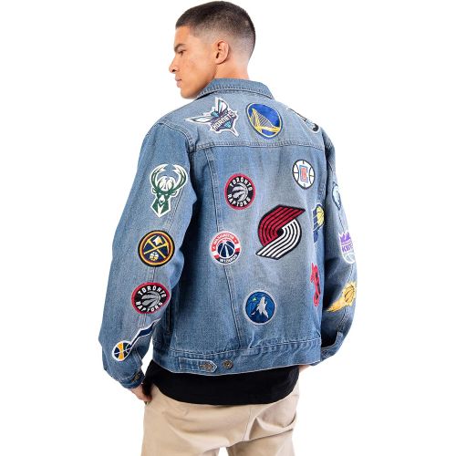  Ultra Game NBA Mens Distressed Multi-Team Denim Patch Jean Jacket