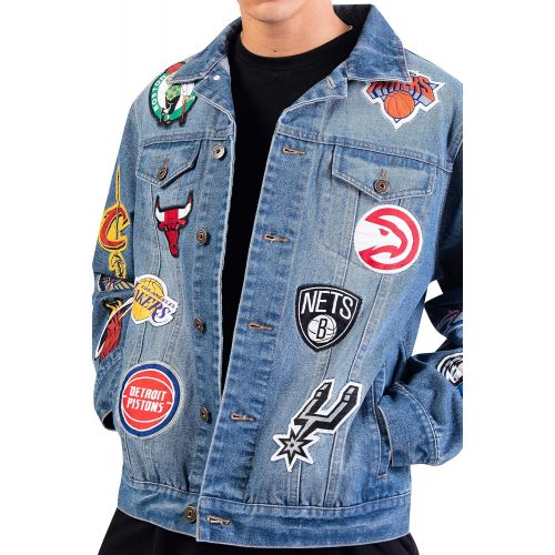  Ultra Game NBA Mens Distressed Multi-Team Denim Patch Jean Jacket