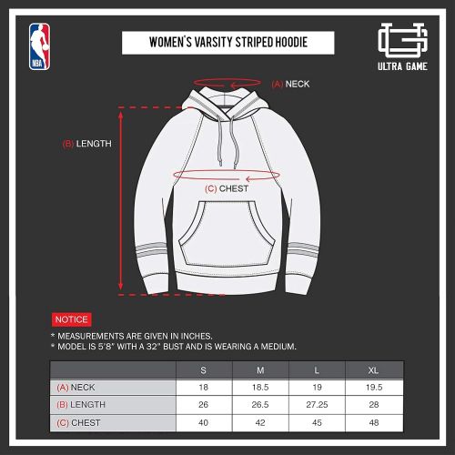  Ultra Game NBA Womens Soft Fleece Pullover Hoodie Sweatshirt with Varsity Stripe