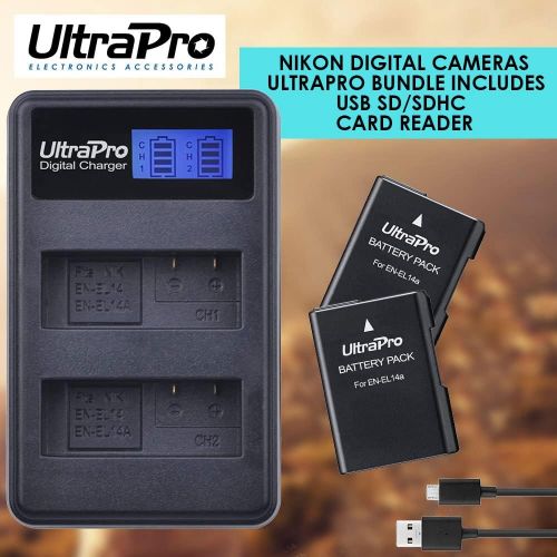  2-Pack EN-EL14 / EN-EL14A / EN-EL14A+ High-Capacity Replacement Battery with Rapid Dual LCD Charger for Select Nikon Digital Cameras. UltraPro Bundle Includes: USB SD/SDHC Card Rea