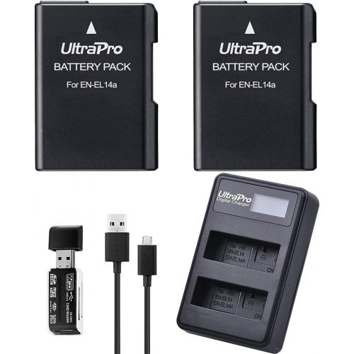  2-Pack EN-EL14 / EN-EL14A / EN-EL14A+ High-Capacity Replacement Battery with Rapid Dual LCD Charger for Select Nikon Digital Cameras. UltraPro Bundle Includes: USB SD/SDHC Card Rea