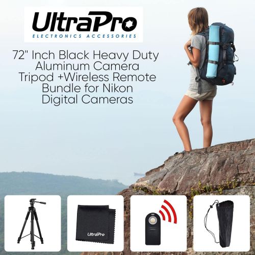  UltraPro 72 Inch Black Aluminum Camera Tripod + Wireless Remote Bundle for Nikon Digital Cameras, Includes UltraPro Microfiber Cleaning Cloth
