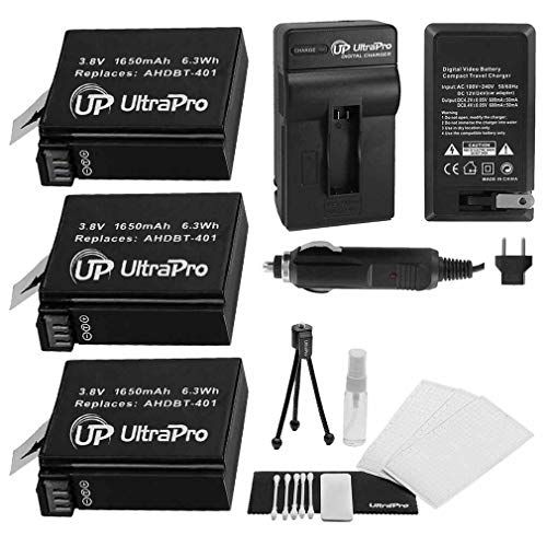  UltraPro 3-Pack AHDBT-401 High-Capacity Replacement Batteries with Rapid Travel Charger for GoPro Hero4. Also Includes: Camera Cleaning Kit, Camera Screen Protector, Mini Travel Tr