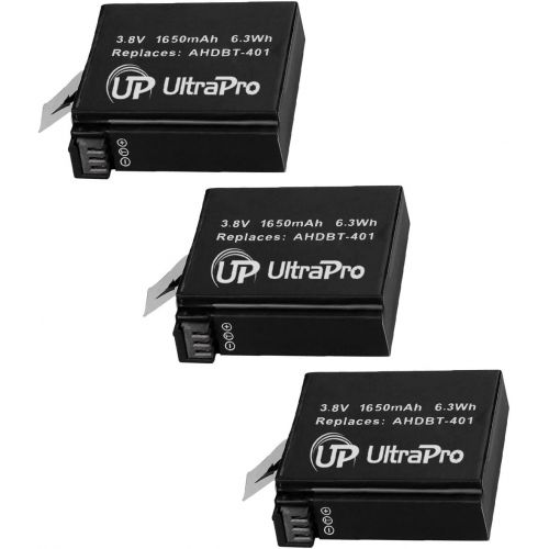  UltraPro 3-Pack AHDBT-401 High-Capacity Replacement Batteries with Rapid Travel Charger for GoPro Hero4. Also Includes: Camera Cleaning Kit, Camera Screen Protector, Mini Travel Tr