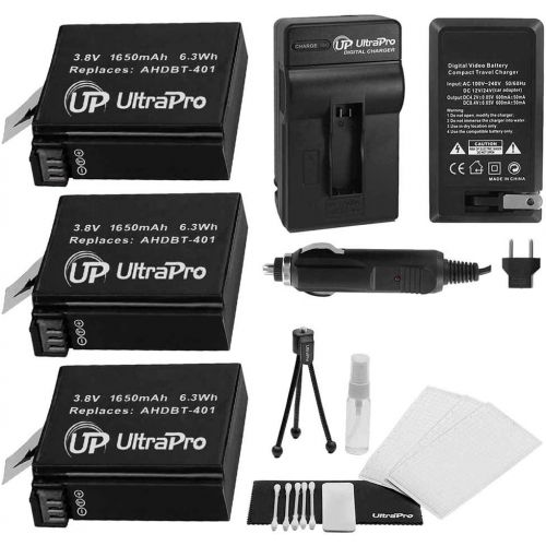  UltraPro 3-Pack AHDBT-401 High-Capacity Replacement Batteries with Rapid Travel Charger for GoPro Hero4. Also Includes: Camera Cleaning Kit, Camera Screen Protector, Mini Travel Tr