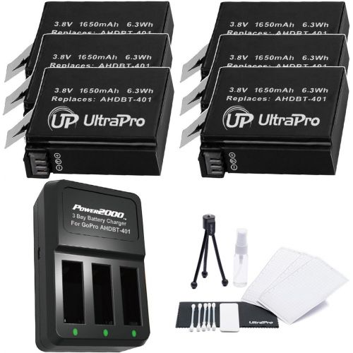  6-Pack AHDBT-401 High-Capacity Replacement Batteries with Rapid 3-Channel Charger for GoPro Hero4. Also Includes: UltraPro Bundle Includes: Camera Cleaning Kit, Screen Protector, M