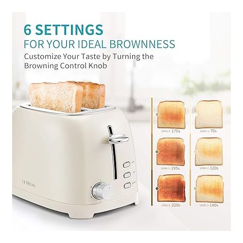  Ultrean Toaster 2 Slice with Extra-Wide Slot, Stainless Steel Toaster with Removable Crumb Tray, Small Toaster with 6 Browning Settings, Cancel, Bagel, Deforest Functions, 825 W