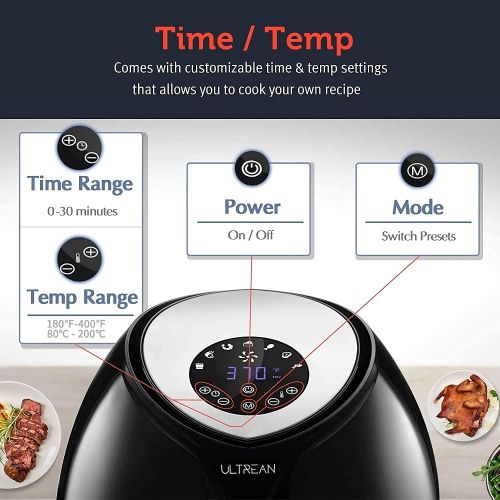  Ultrean Air Fryer 6 Quart , Large Family Size Electric Hot Air Fryer XL Oven Oilless Cooker with 7 Presets, LCD Digital Touch Screen and Nonstick Detachable Basket,UL Certified,170