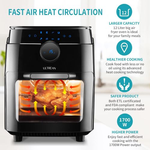  [아마존베스트]Ultrean Air Fryer, 12.5 Quart Air Fryer Oven, Toaster Oven with Rotisserie,Bake,Dehydrator,Auto Shutoff and 8 Touch Screen Preset, 8 Accessories & 50 Recipes