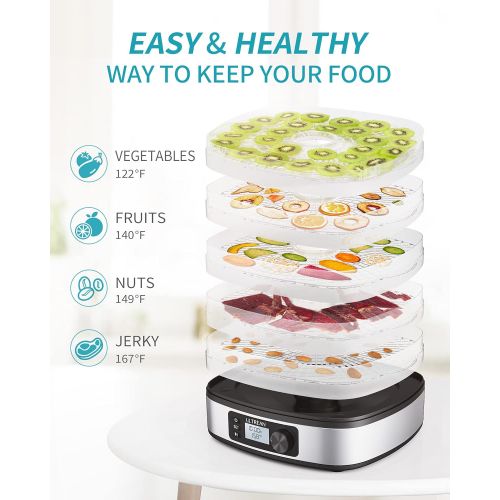  Ultrean Food Dehydrator, Dehydrator Machine for Beef Jerky, Fruits, Herbs, and Vegetables, Digital Temperature and Time Control, 5 BPA-Free Trays Dishwasher Safe, 350W, Recipe Book